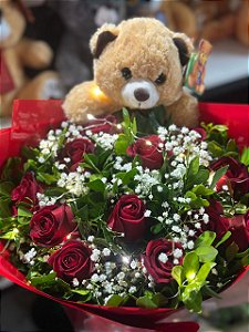 Buquê 12 Rosas Iluminado + Ursinho (Com Led)