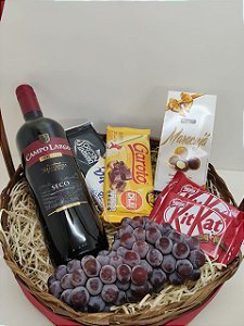 Cesta Vinho Tinto, Chocolates e Uvas