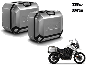KIT PAR DE BAÚS LATERAIS ALUMÍNIO ESCOVADO SHAD TR47 ESQ. 47 LITROS + TR36 DIR. 36 LITROS COM SUPORTE 4P SYSTEM TRIUMPH TIGER 800