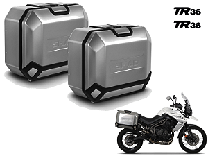 KIT PAR DE BAÚS LATERAIS SHAD TR36 ALUMÍNIO ESCOVADO 36 LITROS CADA LATERAL COM SUPORTE 4P SYSTEM TRIUMPH TIGER 800