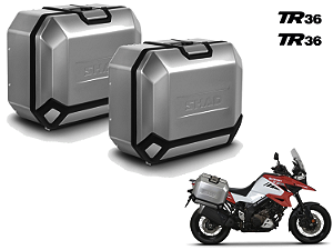 KIT PAR DE BAÚS LATERAIS SHAD TR36 ALUMÍNIO ESCOVADO 36 LITROS CADA LATERAL COM SUPORTE 4P SYSTEM SUZUKI V-STROM 1000 (A PARTIR 2014) E 1050