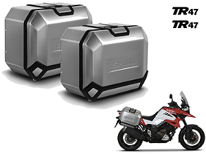 KIT PAR DE BAÚS LATERAIS SHAD TR47 ALUMÍNIO ESCOVADO 47 LITROS CADA LATERAL COM SUPORTE 4P SYSTEM SUZUKI V-STROM 1000 (A PARTIR 2014) E 1050