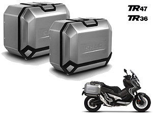 KIT PAR DE BAÚS LATERAIS ALUMÍNIO ESCOVADO SHAD TR47 ESQ. 47 LITROS + TR36 DIR. 36 LITROS COM SUPORTE 4P SYSTEM HONDA X-ADV 750 (ATÉ 2021)