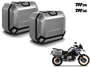 KIT PAR DE BAÚS LATERAIS SHAD TR36 ALUMÍNIO ESCOVADO 36 LITROS CADA LATERAL COM SUPORTE 4P SYSTEM BMW F 750, 800 (2024+), 850 GS / ADV E 900 GS ADV