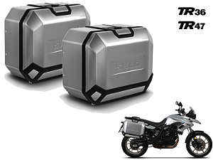 KIT PAR DE BAÚS LATERAIS SHAD ALUMÍNIO ESCOVADO TR36 ESQ. 36 LITROS E TR47 DIR. 47 LITROS COM SUPORTE 4P SYSTEM BMW F 700 E 800 GS (ATÉ 2018)