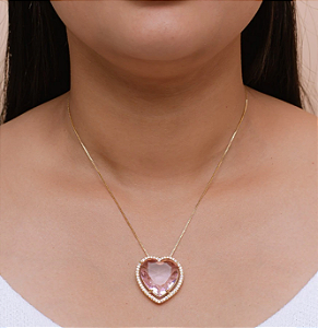 Colar Coração Rosa Grande Borda Cravejada Banhado em Ouro 18k