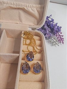 Conjunto Colar e Brincos Gota Lavanda Banhado a ouro 18k