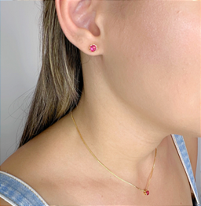 Conjunto Ponto de Luz Fúcsia Banhado em Ouro 18k