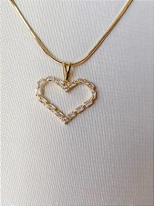 Colar Coração em Baguetes de Zircônias Cristal Banhado a Ouro