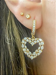 Brinco Pendente Coração Cravejado em Zircônias