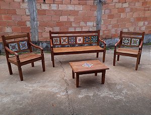 conjunto bancos rustico madeira demolição ladrilho hidráulico mesinha