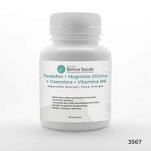 Testofen + Magnésio Glicina + Coenzima + Vitamina B6 : Hipertrofia Muscular, Força, Energia - 60 Cápsulas