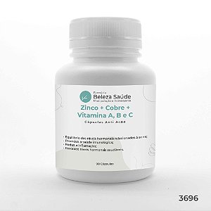 Zinco + Cobre + Vitamina A, B e C - Cápsulas Anti Acne - 90 Cápsulas