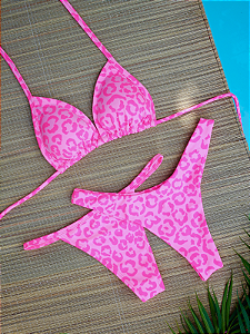 Kit Biquíni 2 Calcinhas Fita e Asa Delta Rosa Neon Onça