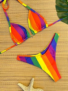Biquíni Cortininha e Calcinha Asa Delta Arco Iris Listra Colorida
