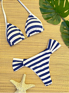 Biquíni Cortininha e Calcinha Borboleta Listrado Branco e Azul Marinho