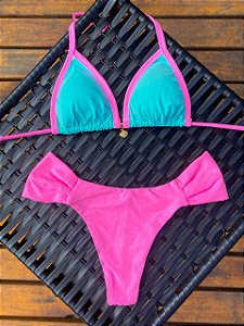 Biquíni Cortininha e Calcinha Borboleta Verde Água e Rosa Bebê