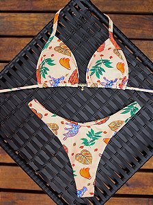 Biquíni Cortininha e Calcinha Asa Delta Nude Onça e Folhas