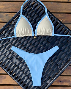 Biquíni Cortininha e Calcinha Asa Delta Bi Color Off White Azul Bebê