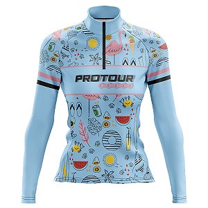 Camisa Ciclismo Mountain Bike Feminina Pro Tour Azul Drinks Manga Longa Proteção Dry Fit UV+50