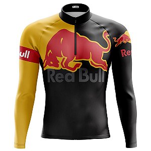 Camisa Ciclismo Masculina Mountain Bike Red Bull Preta Manga Longa Dry Fit Proteção UV+50