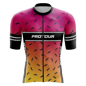Camisa Ciclismo Pro Tour Premium Bike Elos Rosas Unissex Proteção UV+50 Barra Siliconada