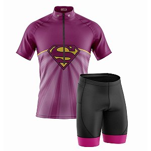 Conjunto Ciclismo Bermuda e Camisa Feminino Super Girl Rosa