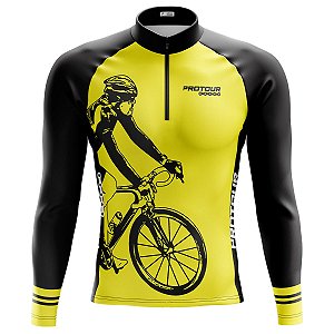 Camisa Ciclismo Manga Longa Masculina Pro Tour Bike Amarela Proteção UV+50
