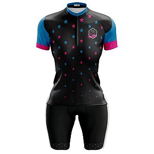 Conjunto Ciclismo Bermuda e Camisa Feminino Estrelinhas  Forro em Espuma