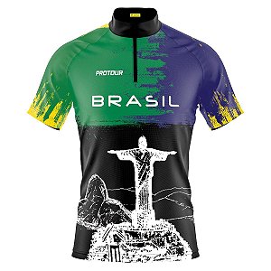 Camisa Ciclismo Masculina Manga Curta Brasil Cristo Dry Fit Proteção UV+50