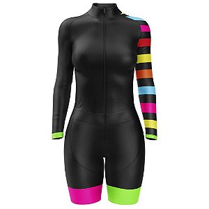 Macaquinho de Ciclismo Feminino Manga Longa Pro Tour Multi Colors Com Bolsos UV 50+