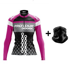 Camisa Ciclismo Feminina Manga Longa Pro Tour Rosinha Proteção UV+50 e Bandana de brinde