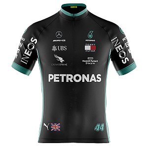Camisa Ciclismo Masculina Manga Curta Petronas 2023 Preta Proteção UV+50