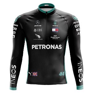 Camisa Ciclismo Masculina Manga Longa Petronas 2023 Preta Proteção UV+50