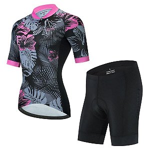 Conjunto Ciclismo Bermuda e Camisa Flores 2 Forro em Gel