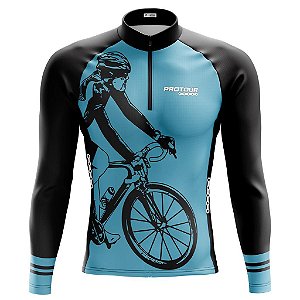 Camisa Ciclismo Masculina Manga Longa Pro Tour Bike Azul Com Bolsos UV 50+