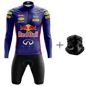 Conjunto Ciclismo Masculina Bermuda e Camisa Manga Longa Red Bull Azul Com Bandana