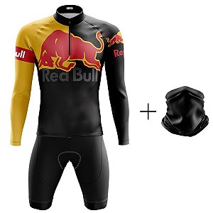 Conjunto Ciclismo Masculina Bermuda e Camisa Manga Longa Red Bull Preta Com Bandana