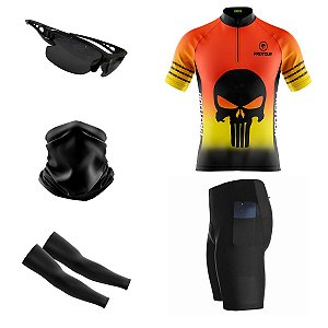 Kit Ciclismo Masculino com Camiseta, Bermuda, Óculos, Manguito e Bandana