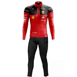 Conjunto Ciclismo Masculino Calça e Camisa Manga Longa Ferrari F1 Com Bolsos UV 50+