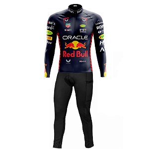 Conjunto Ciclismo Masculino Calça e Camisa Manga Longa Red Bull Com Bolsos UV 50+