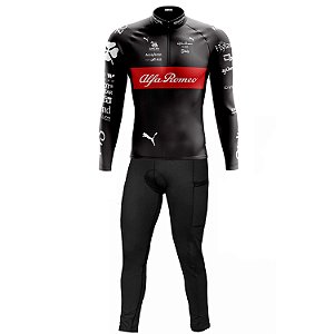 Conjunto Ciclismo Masculino Calça e Camisa Manga Longa Alfa Romeo F1 Com Bolsos UV 50+