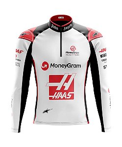 Camisa Ciclismo Masculina Manga Longa Haas F1 2023 com bolsos UV 50+