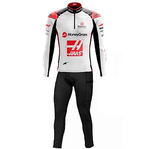 Conjunto Ciclismo Masculino Calça e Camisa Manga Longa Haas F1 Com Bolsos UV 50+