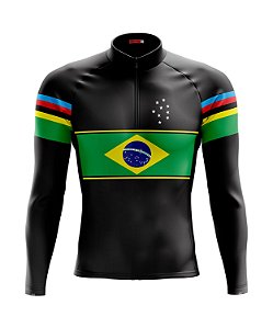Camisa Ciclismo Masculina Manga Longa Brasil UCI com bolsos UV 50+
