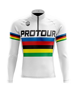 Camisa Ciclismo Masculina Manga Longa Pro Tour UCI Branca com bolsos UV 50+