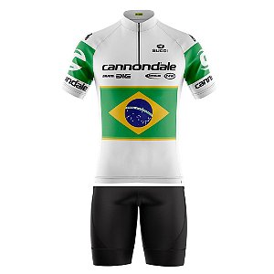 Conjunto Ciclismo Masculino Manga Curta Brasil Branca Proteção UV50+