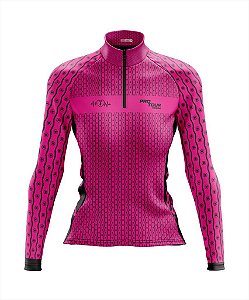 Camisa de Ciclismo Feminina Manga Longa Pro Tour Correntes Rosa com Bolsos UV 50+