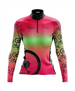 Camisa de Ciclismo Feminina Manga Longa Pro Tour Bikes Goiaba com Bolsos UV 50+