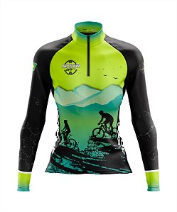 Camisa de Ciclismo Feminina Manga Longa Pro Tour Montanhas Flúor com Bolsos UV 50+